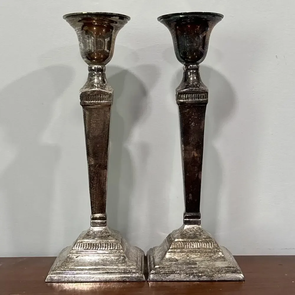 POTTERY BARN Maxfield Hotel Vintage Silver Plated Candle Holders 9.5”